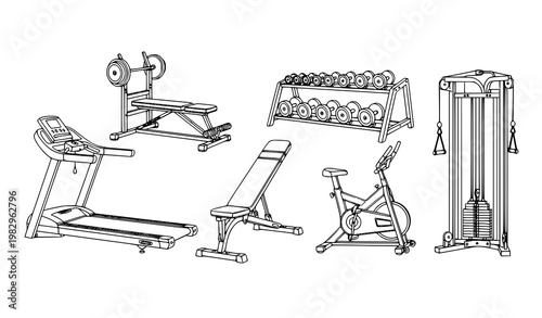 Gym Equipment Line Art Set with Treadmill Bench Press Dumbbells and Exercise Machines Outline Vector Illustration