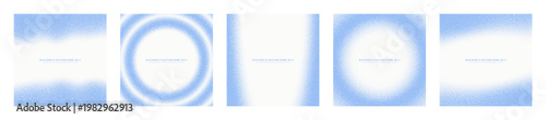 Blue grainy gradient halftone pattern set, square vector frames and backgrounds with noise texture. Abstract radial and fluid stipple design elements pack for social media post, brochure cover layout