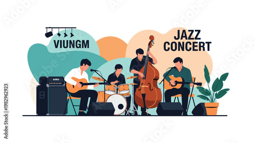 Professional jazz band with guitarists, a drummer, and a double bass player performing a live concert on a stage.