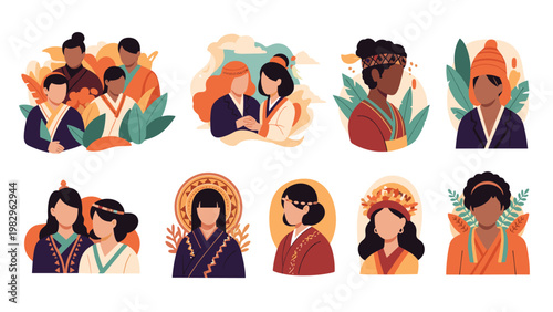 Diverse group of people depicted in traditional ethnic clothing representing various cultural heritages and ancestral traditions.