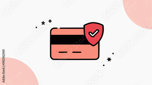 Flat vector illustration of a credit card with a security shield, suitable for financial websites, online payment ads, or banking applications.