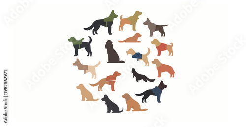 Working service and guard dogs collection different breeds flat vector illustration
