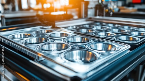Close-up of stainless steel food containers in a production line