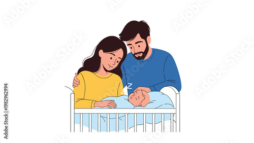 Loving parents watching over their newborn baby as it sleeps peacefully in a white crib at home in the nursery.