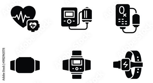 Medical wearable technology icons, 6 black solid glyph vector elements, digital health monitoring devices, smartwatch and heart rate sensors