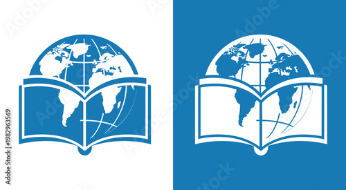 Global Education and Knowledge Icon, Open Book with World Globe Symbol, International Learning and Research Concept Illustration