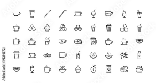 Minimal black and white drink and food icon set with cups straws sugar cubes and fruits in clean flat design