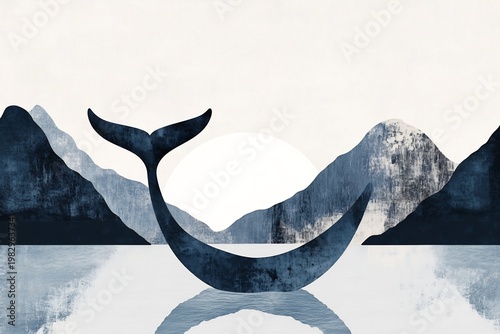 Serene Whale Tail Rising Above Calm Water with Mountain and Circular Sun Backdrop