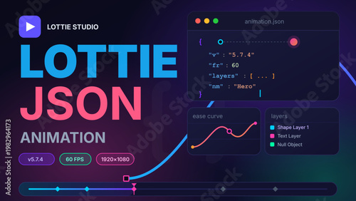 Vector thumbnail design for Lottie JSON animation featuring motion path, code interface, and modern UI elements. Ideal for video covers, app previews, web banners, and motion graphics content.