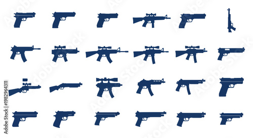 Collection of Gun Silhouettes: Pistols, Rifles, Shotguns, and Assault Weapons