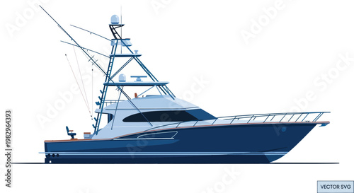 Luxury Sport Fishing Yacht, Blue Hull, White Superstructure, Vector Illustration