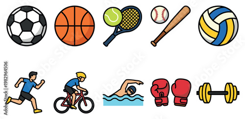 A clean, vector illustration featuring a collection of diverse sports equipment and active figures, perfect for fitness and sports-related content.