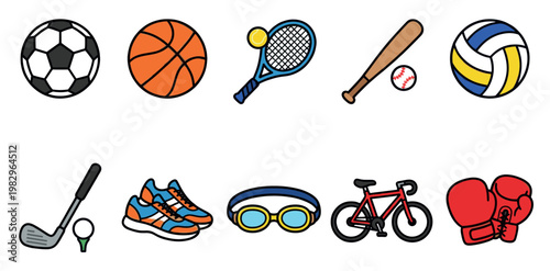 A collection of colorful, cartoon-style sports icons including balls, racquets, bats, golf clubs, shoes, goggles, a bicycle, and boxing gloves, set against a white background.