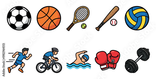 A vibrant collection of flat design icons representing various sports and activities, including balls, racquets, bats, and athletes engaged in running, cycling, and swimming, ideal for fitness.