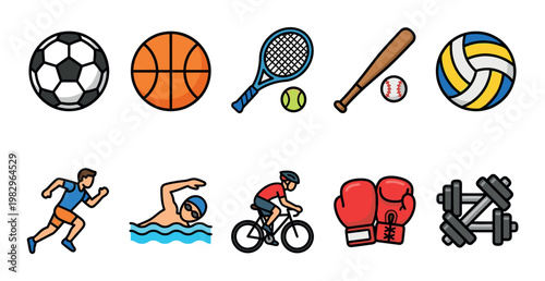 A collection of flat design sports icons and people engaging in various activities like running, swimming, cycling, boxing, and weightlifting.