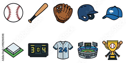 A colorful collection of baseball icons and a stadium, including a ball, bat, glove, helmet, cap, base, scoreboard, jersey, stadium, and trophy, perfect for sports and game designs.