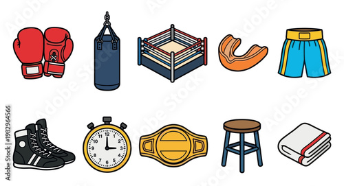 A collection of flat design illustrations featuring various boxing equipment, including gloves, punching bag, ring, mouthpiece, shorts, shoes, stopwatch, championship belt, stool, and towel.