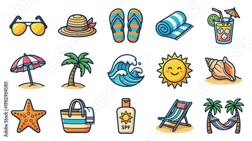 Collection of cartoon style beach and summer vacation icons including sunglasses, hat, flip flops, towel, drink, umbrella, palm tree, wave, sun, shell, starfish, bag, sunscreen, chair, and hammock.