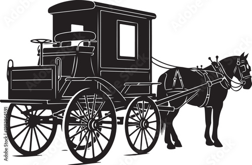 Vintage horse carriage, black illustration, horse-drawn vehicle, transportation icon