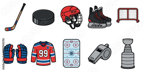 A clean, flat illustration showcases various ice hockey essentials, including a stick, puck, helmet, skates, net, gloves, jersey, rink, whistle, and trophy.