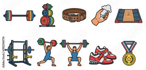 A collection of colorful, flat design illustrations representing weightlifting gear, athletes in action, and competition elements.