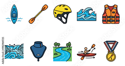 A collection of flat vector icons illustrating kayaking equipment, water, a river, a waterfall, and a medal for outdoor adventure and sports.