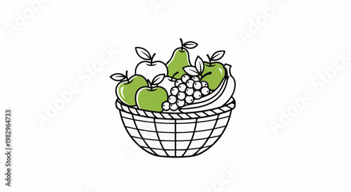 A black and white illustration of a woven basket overflowing with colorful fruits