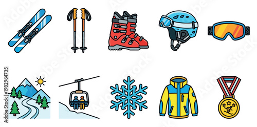 A collection of flat vector icons depicting essential winter sports gear, a ski resort landscape, and winter elements for creative design projects.