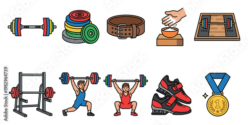 This vibrant icon set showcases essential weightlifting equipment like barbells, weight plates, and a rack, alongside athletes in action, shoes, a belt, and a victory medal.