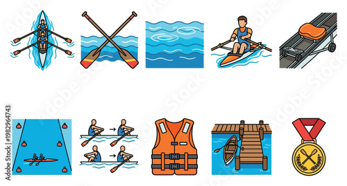 A bright, flat illustration collection showcasing various elements of the sport of rowing, including boats, oars, a life jacket, a dock, and a medal.