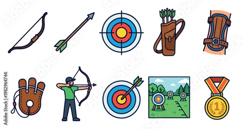 This colorful flat design illustration features a collection of archery elements including a bow, arrow, targets, quiver, arm guard, glove, and a medal, depicting a sporting event.