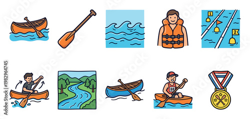 A collection of simple, colorful cartoon icons representing various aspects of canoeing and kayaking, including boats, paddles, a life jacket, a racecourse, and a medal, perfect for sports..