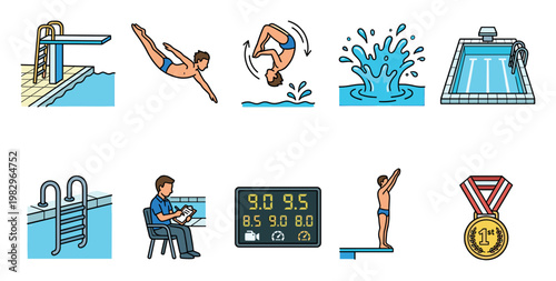 A collection of flat vector icons representing elements of a diving competition, including a diving board, swimmers, judges, a scoreboard, and a medal.