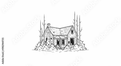 A black and white illustration of an old, neglected house surrounded by trees and bushes