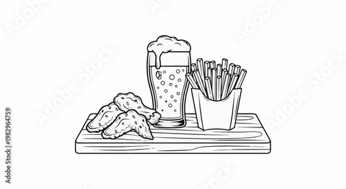 A black and white illustration of fried chicken wings and french fries with beer