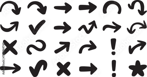 Black and white abstract arrow patterns with exclamation marks and geometric shapes on transparent background