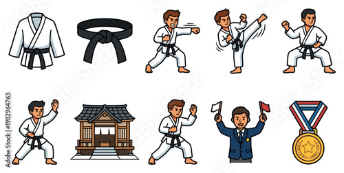 A collection of flat design icons representing karate, including uniforms, belts, fighters, a dojo, and awards, ideal for sports and martial arts themes.