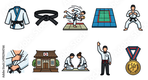 A collection of vector icons representing various aspects of martial arts, including uniforms, belts, sparring, and awards, conveying discipline and achievement.