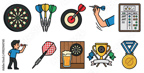 A collection of flat vector icons depicting various elements of a darts game, including targets, darts, a player, a trophy, and a medal, suitable for sports or game-related designs.