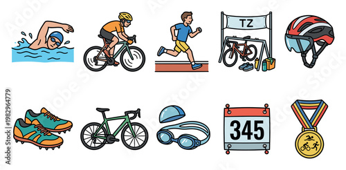A collection of cartoon illustrations depicting the three disciplines of triathlon: swimming, cycling, and running, along with related gear and a medal.