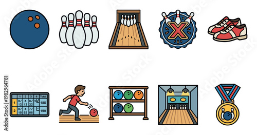 A collection of flat design icons representing various elements of the sport of bowling, including balls, pins, lanes, and trophies.