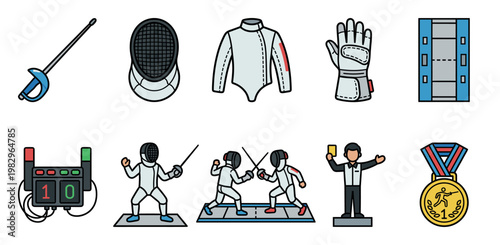 A collection of stylized flat design illustrations depicting fencing equipment, athletes in action, a referee, and a medal, perfect for sports and competition themes.