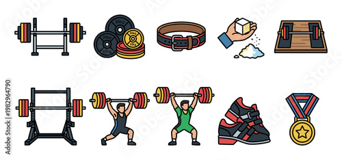 A collection of colorful vector icons depicting weightlifting equipment like barbells, weight plates, a belt, and chalk, along with two male athletes and a medal, symbolizing strength and achievement.