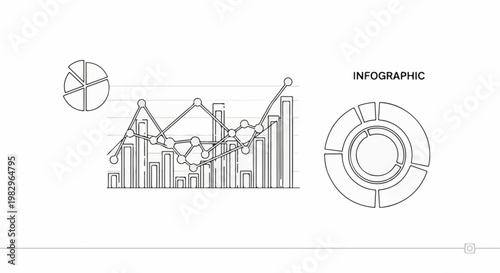 A black and white infographic with bar and line graphs and pie charts