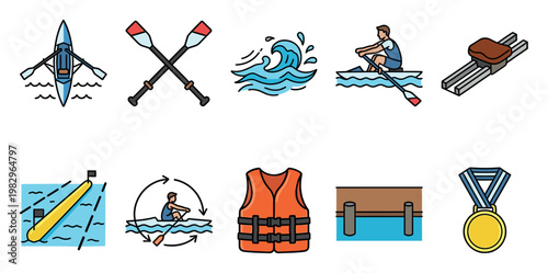 A collection of flat design icons representing various elements of rowing and water sports, including boats, oars, life jackets, and medals.