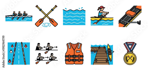 A collection of colorful cartoon icons representing various aspects of rowing and water sports, including boats, paddles, a life jacket, a medal, and a race course.