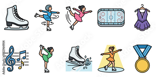 This collection of flat vector icons depicts various elements of figure skating, including skates, ice rink, costumes, music notes, and a medal.