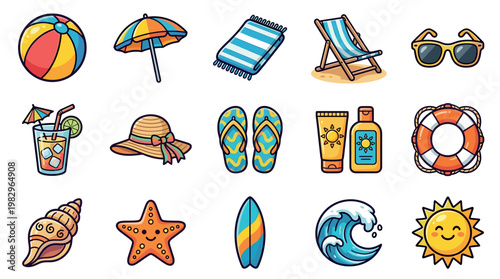 A vibrant collection of flat design icons representing a fun summer beach vacation, including a beach ball, umbrella, towel, and sunglasses.