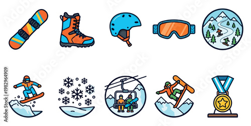 Collection of flat design icons representing snowboarding and winter sports, including equipment, actions, and scenery, perfect for active lifestyle themes.