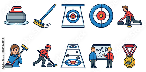 A colorful collection of stylized vector icons depicting the sport of curling, including players, equipment, and a medal.